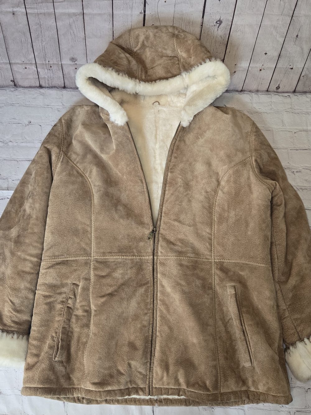 Vtg Y2k Wilson Tan Leather Suede Faux Fur Lined Coat XL Penny Lane 2000s